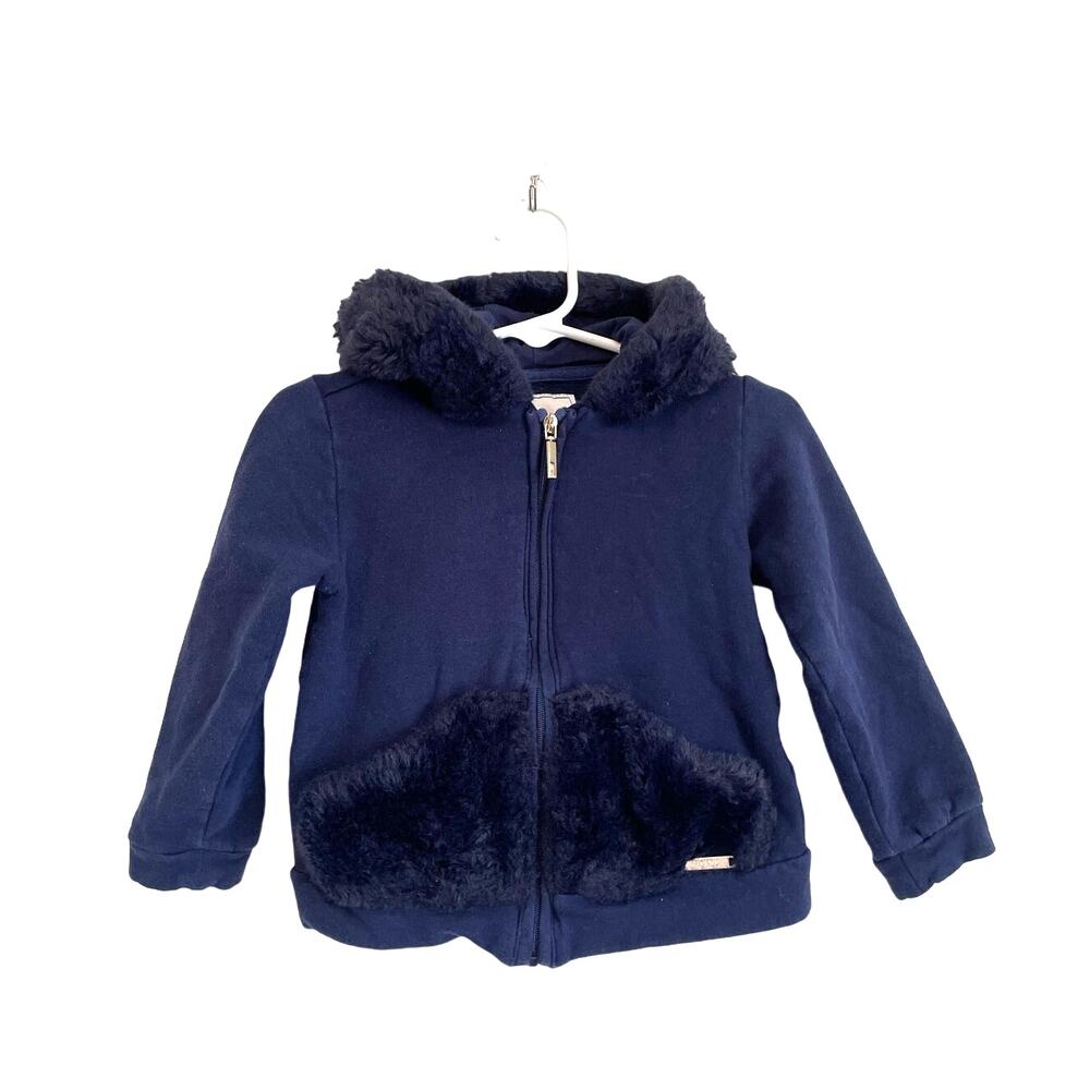 Mayoral Girl Blue Full Zip Jacket Faux Fur Trim Pockets Hoodie Sweatshirt 24mo